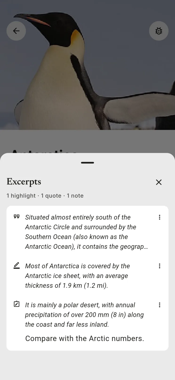 The Excerpts panel open inside an article, with a quote, a highlight and a note.