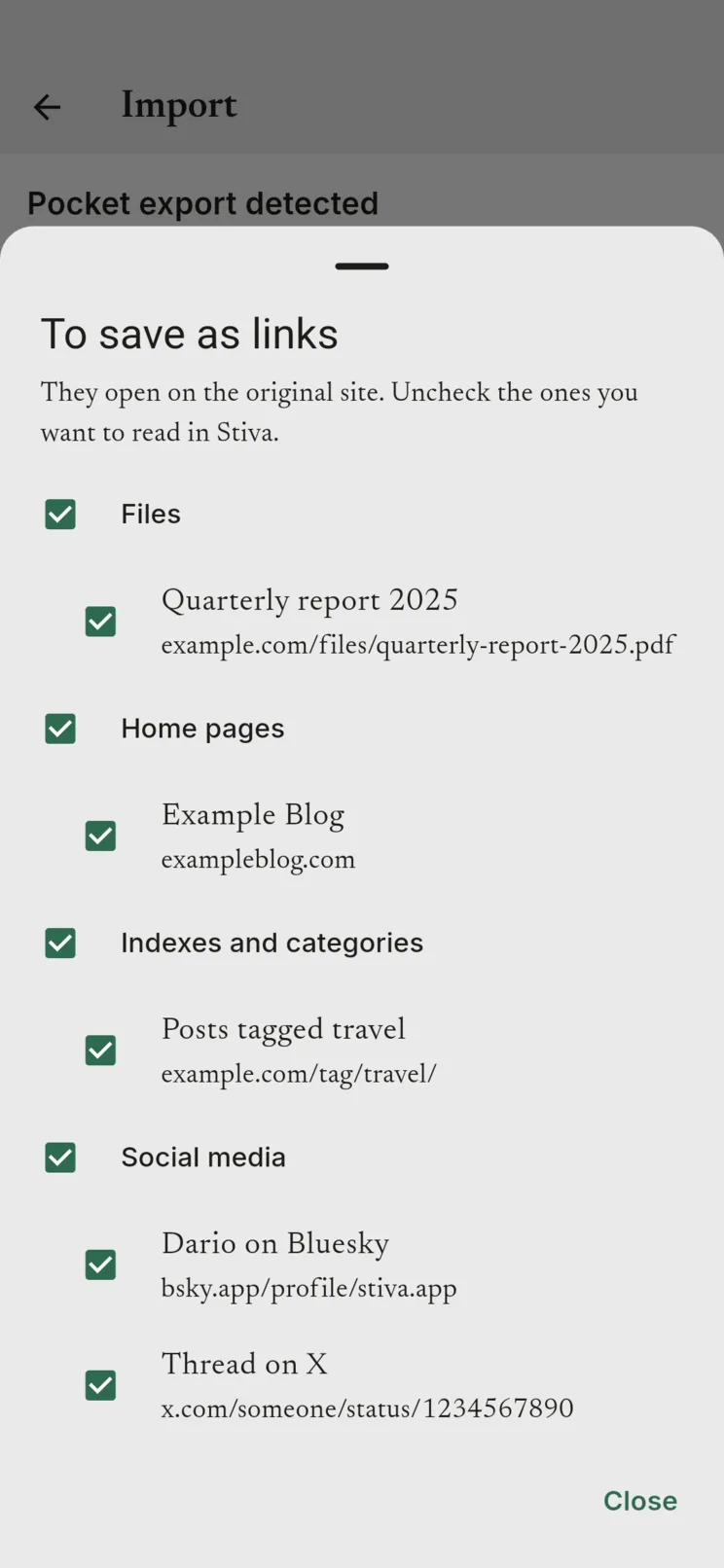 The sheet listing what the import suggests saving as links, grouped by files, home pages, indexes and social media.