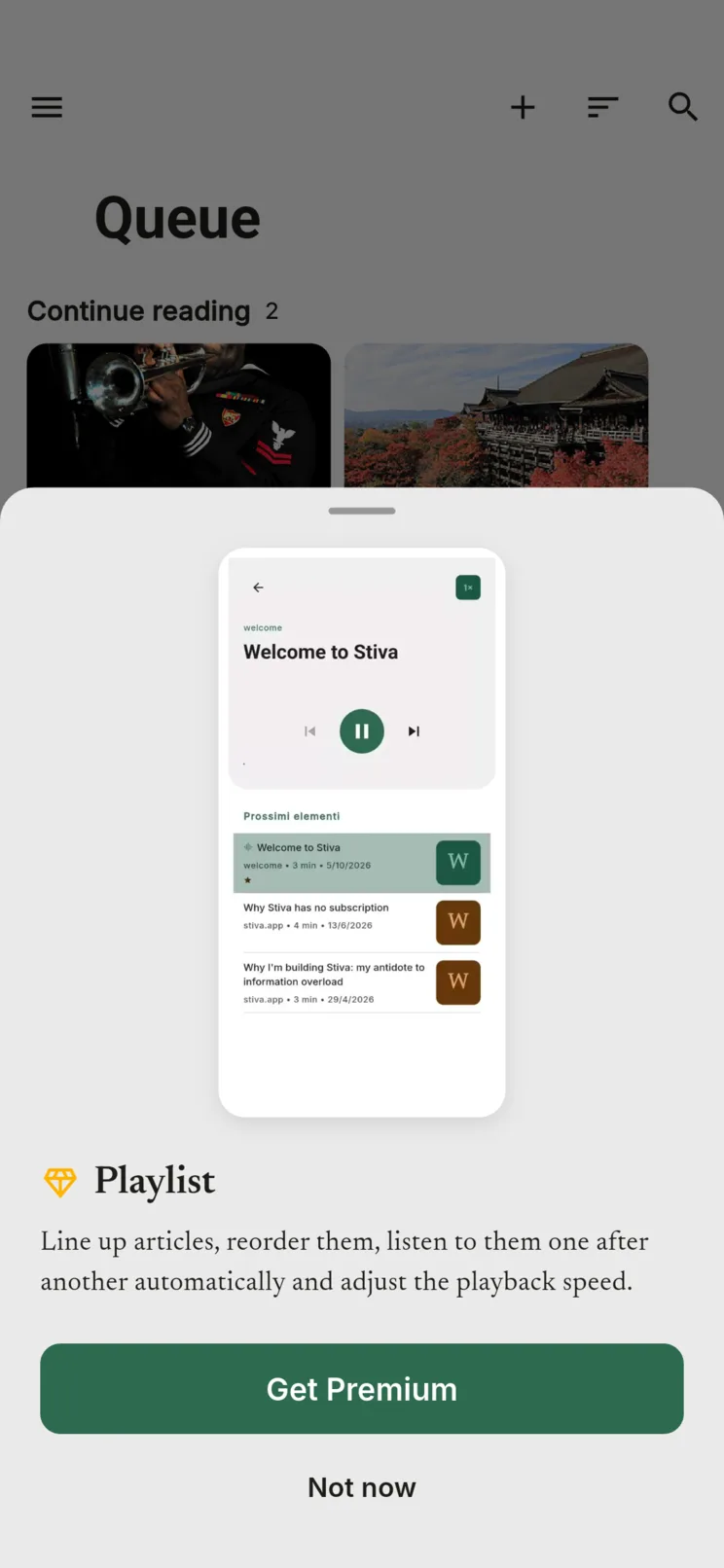 The Playlist preview sheet, with a short animation of the feature and the Get Premium button.